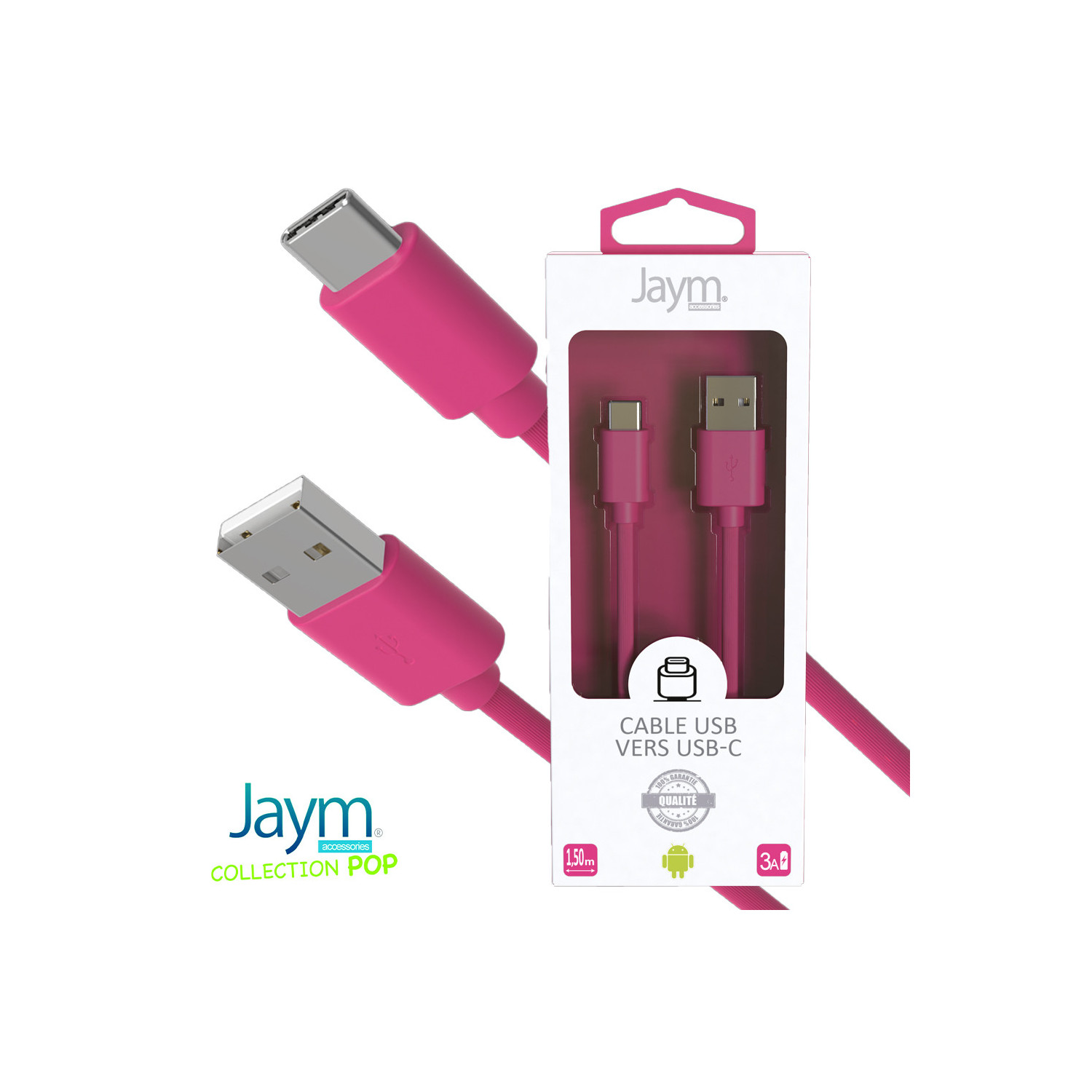 CABLE USB VERS TYPE-C 1.5M 3A ROSE - JAYM® COLLECTION POP