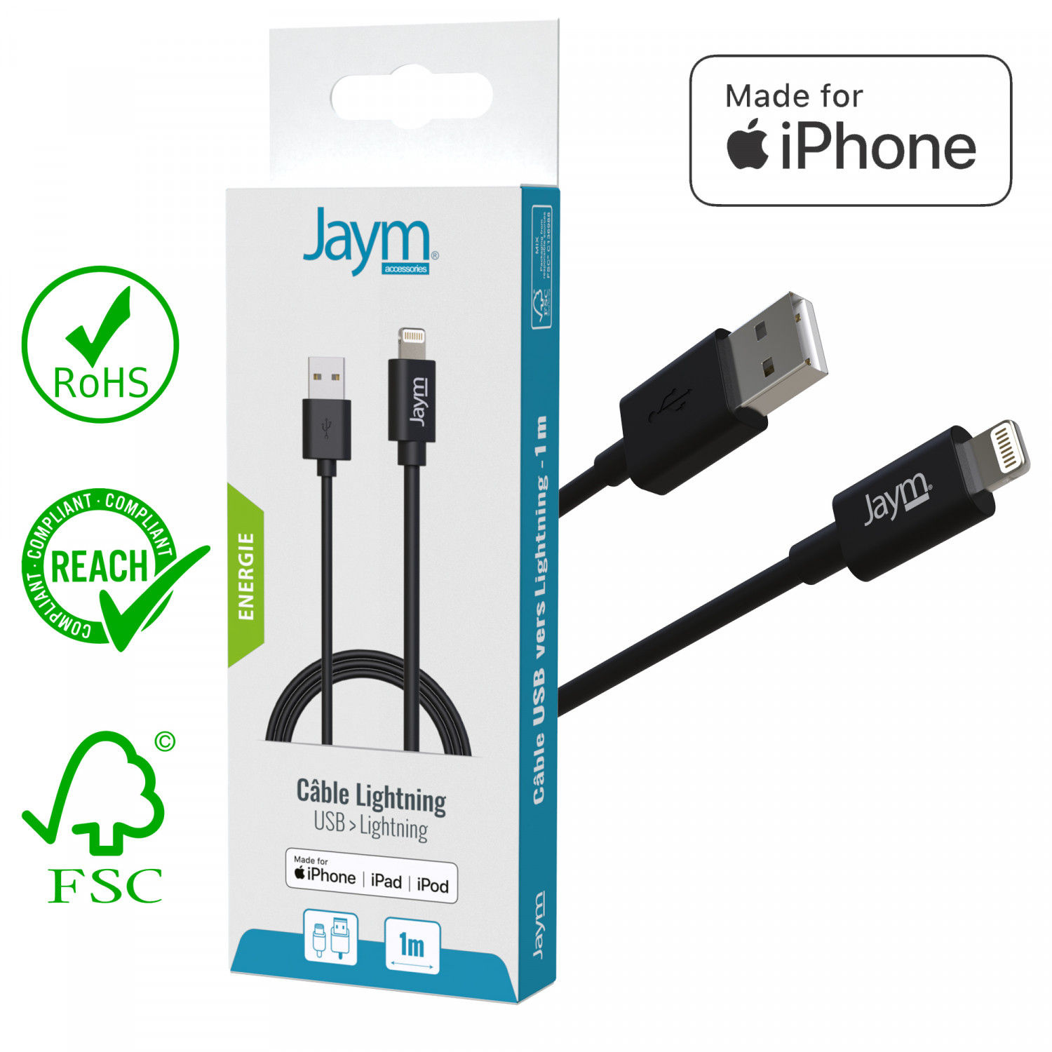 CABLE USB CHARGE & SYNCHRO LIGHTNING MFI 1M NOIR JAYM