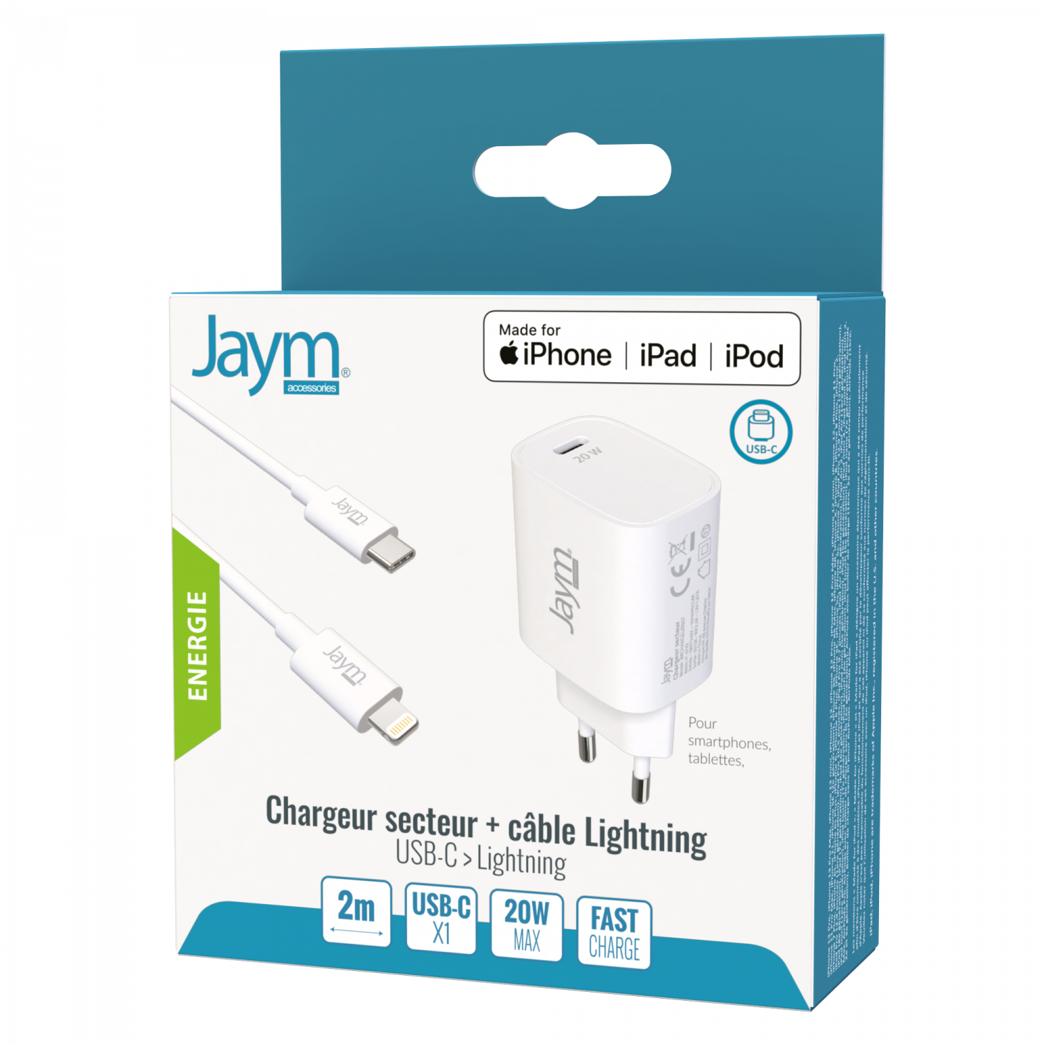 PACK CHARGEUR SECTEUR RAPIDE USB-C 20W PD + CABLE USB-C VERS LIGHTNING MFI  2M BLANCS - JAYM®